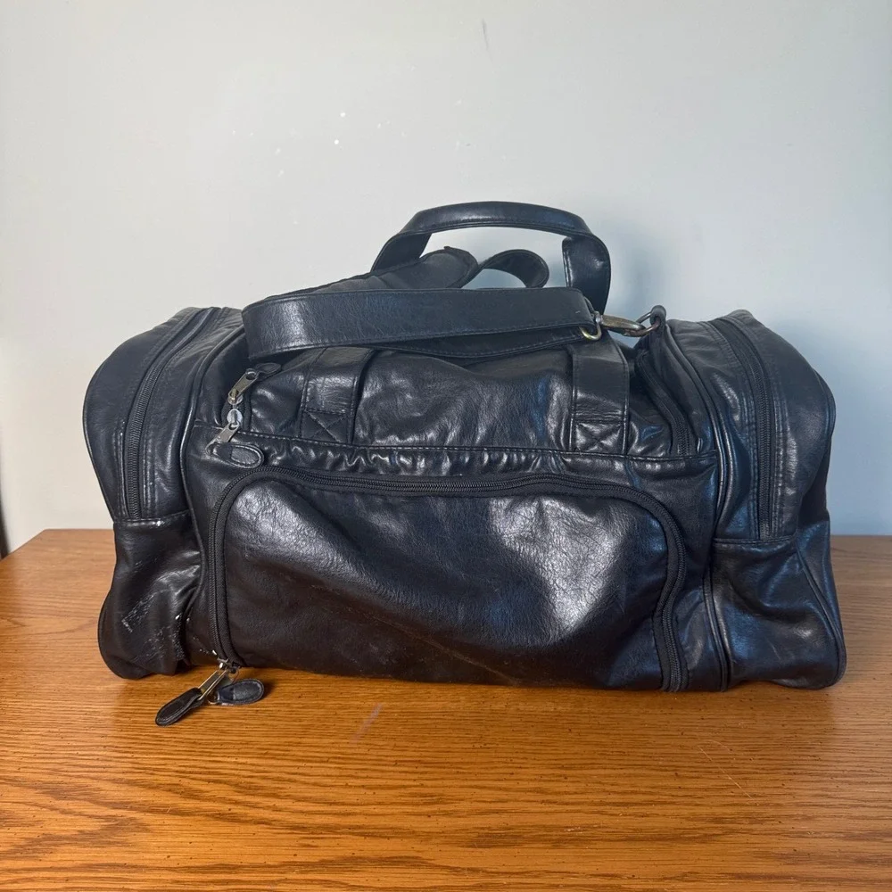 Y2K Blue Martini Black Leather Duffle Bag‎ Travel Weekender Gym Luggage Vintage
